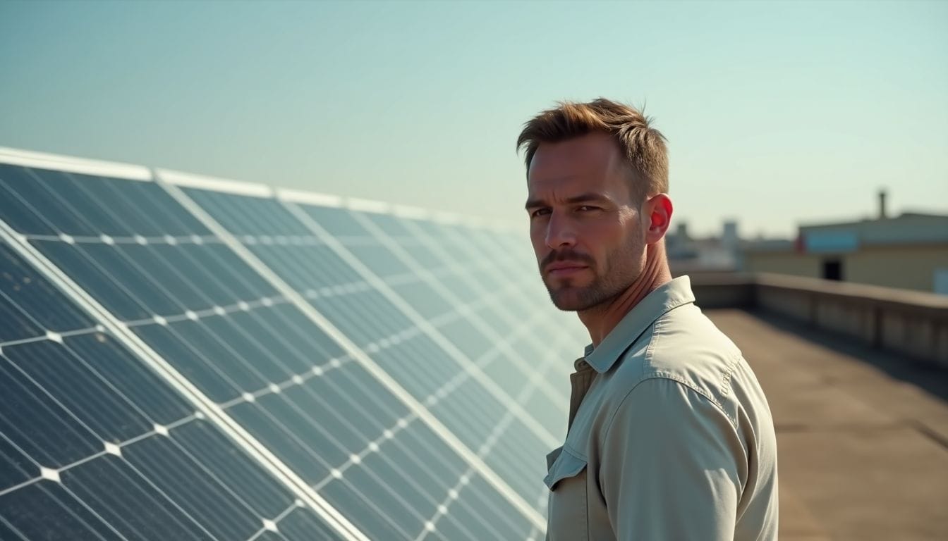 A man inspects tilted, weathered solar panels on a dusty rooftop.