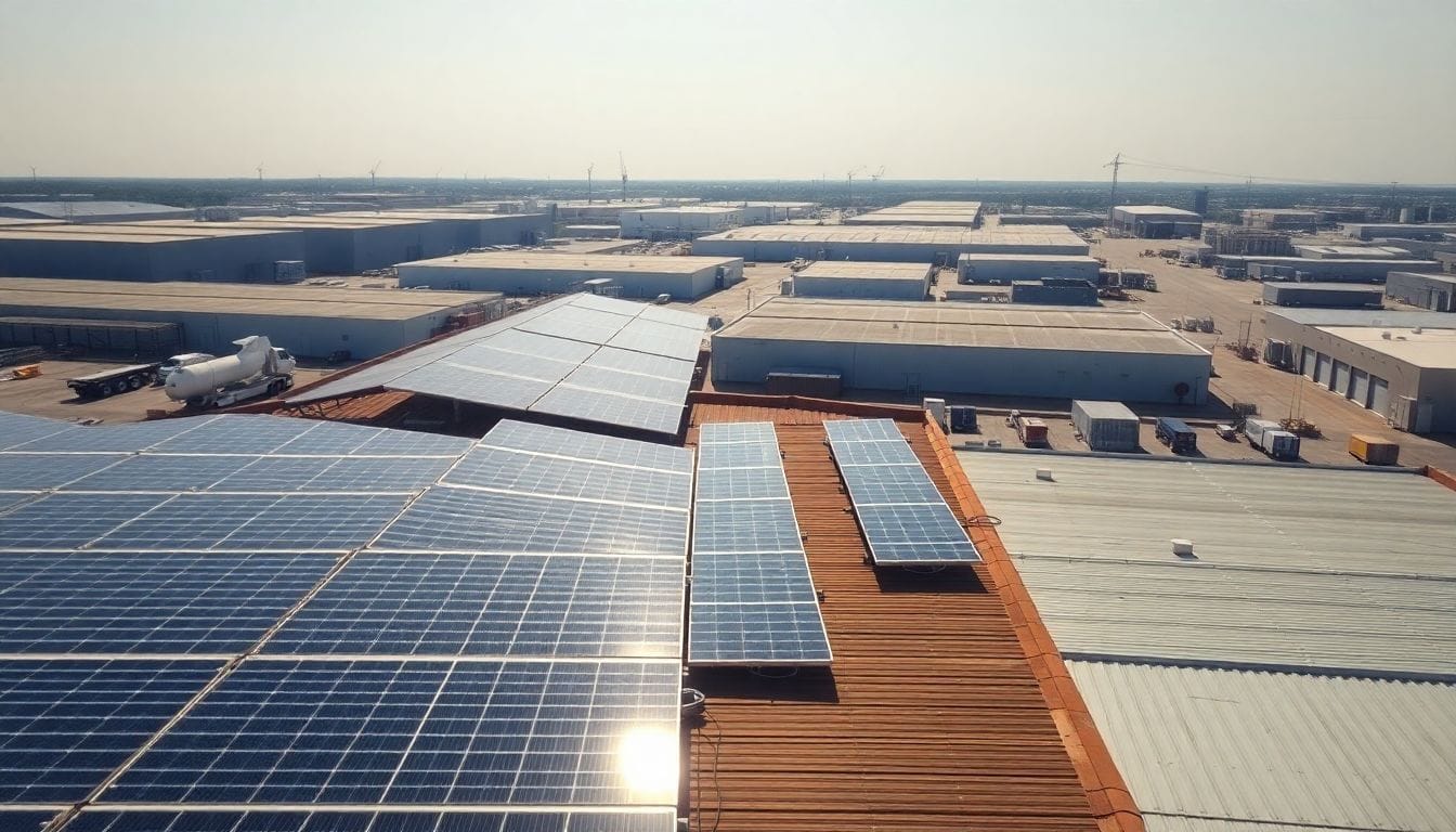 Solar panels on warehouse roof in industrial area, promoting renewable energy.