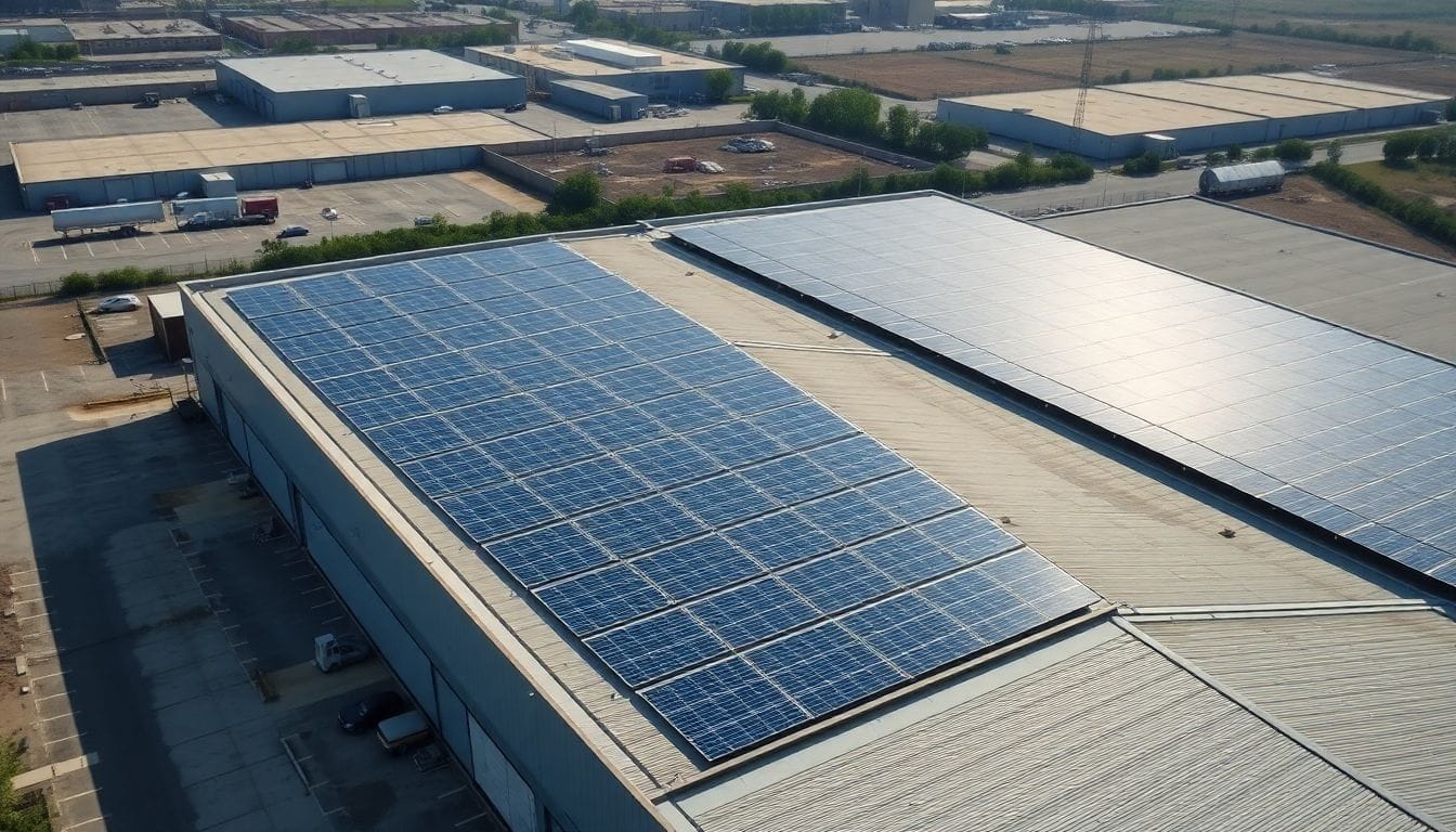 Aerial photo of warehouse with solar panels, promoting renewable energy use.