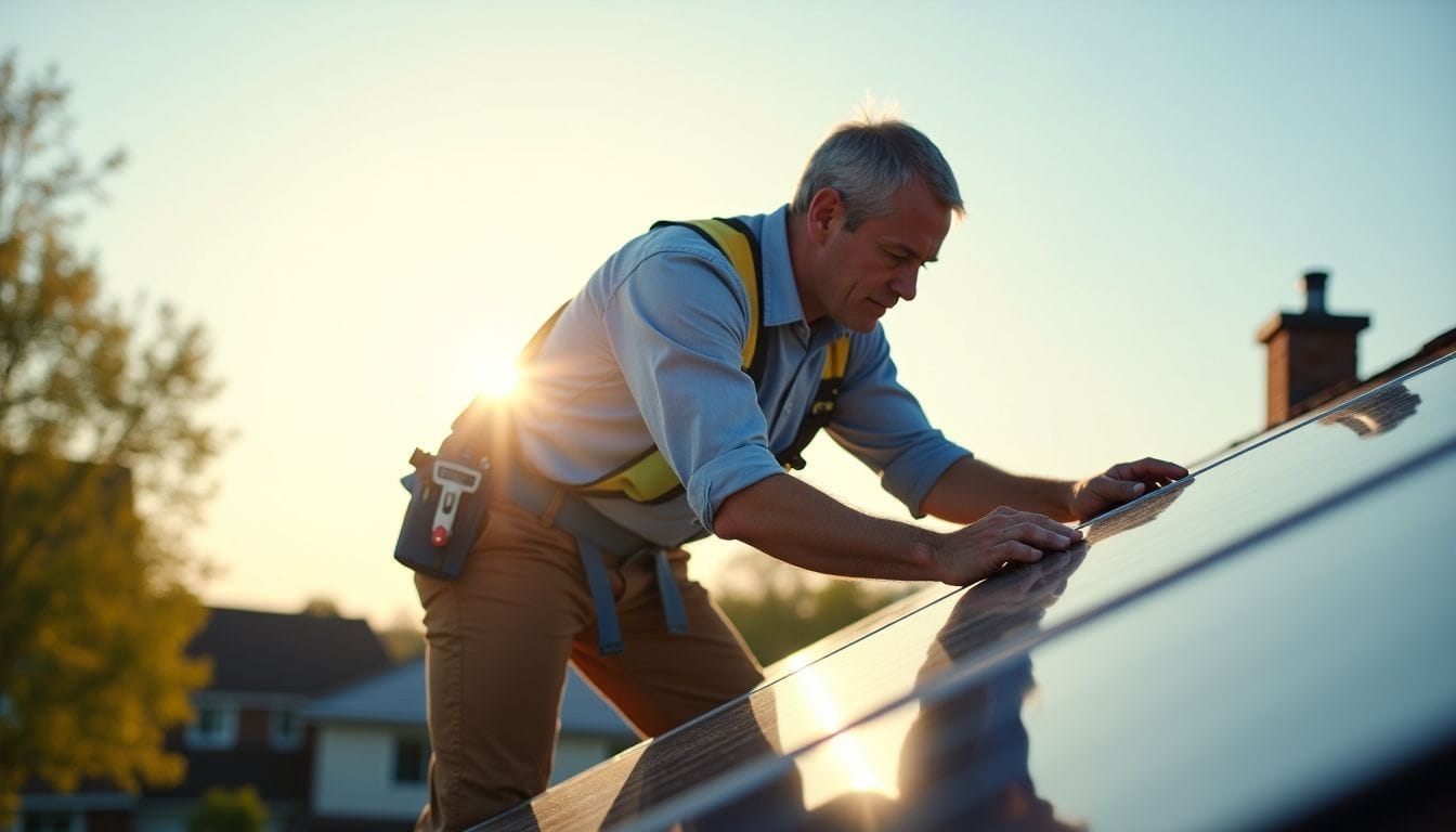 A man is installing solar panels on his home office roof.