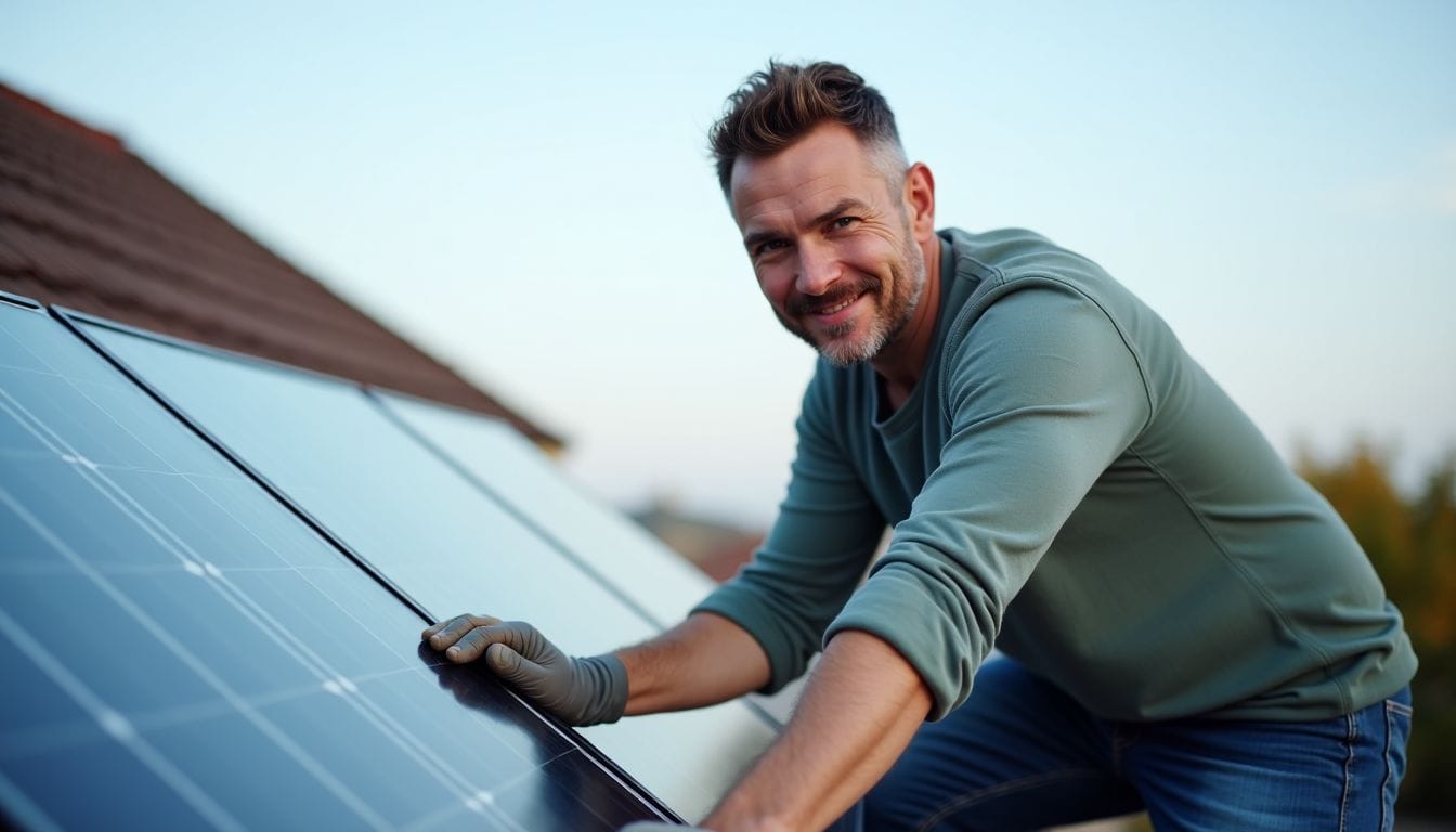 A man installing solar panels on a residential rooftop.