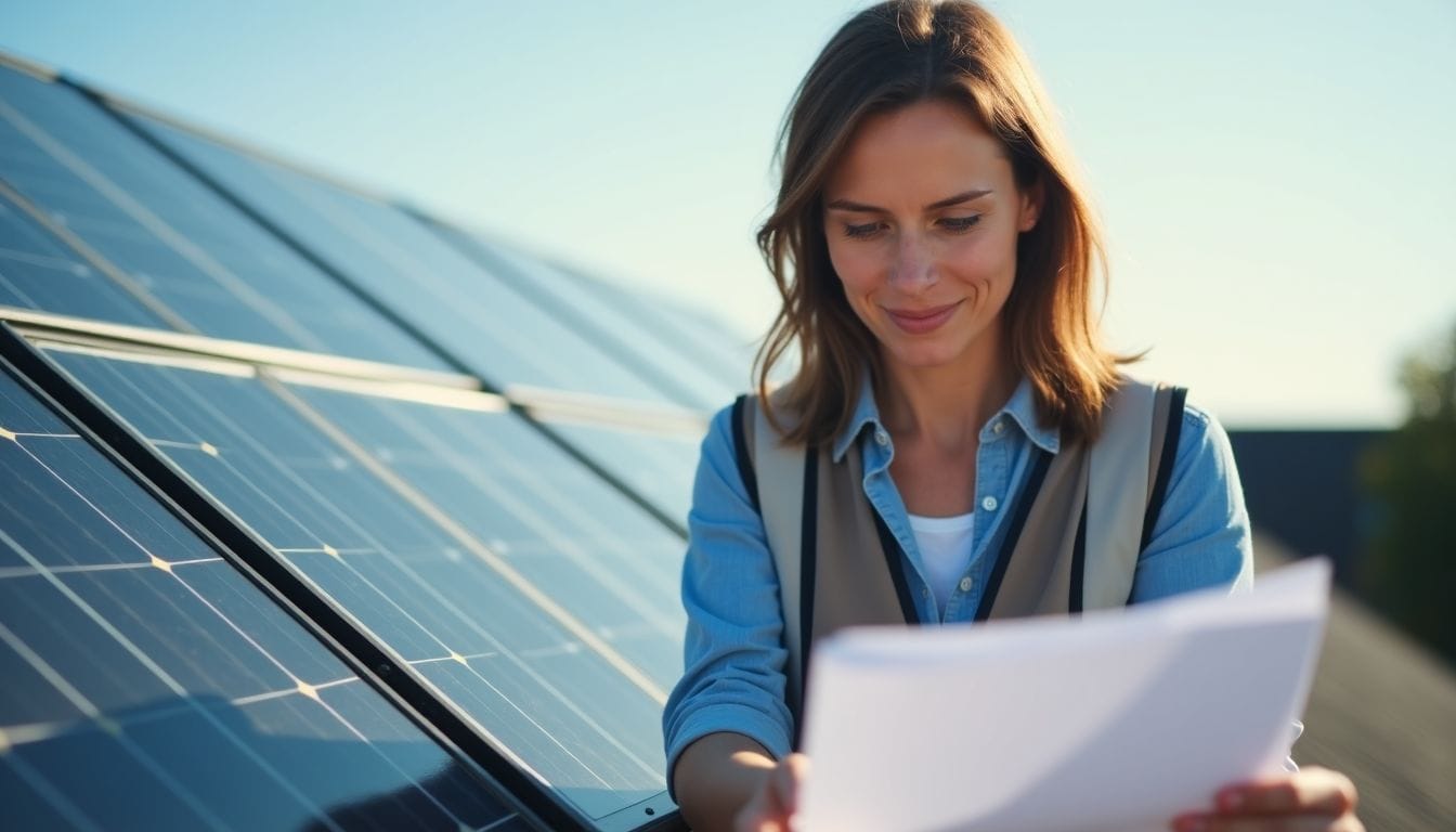 A woman in her 40s inspects a solar panel on a rooftop.