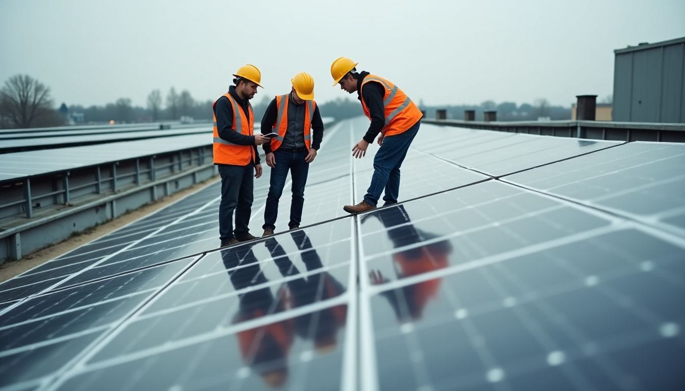 Engineers examining solar panels on industrial building rooftop.