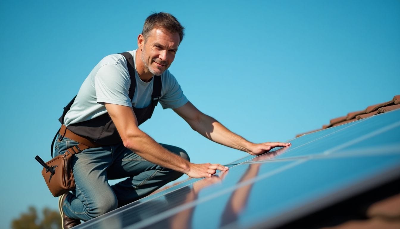 A man in his 40s performing maintenance on solar panels.