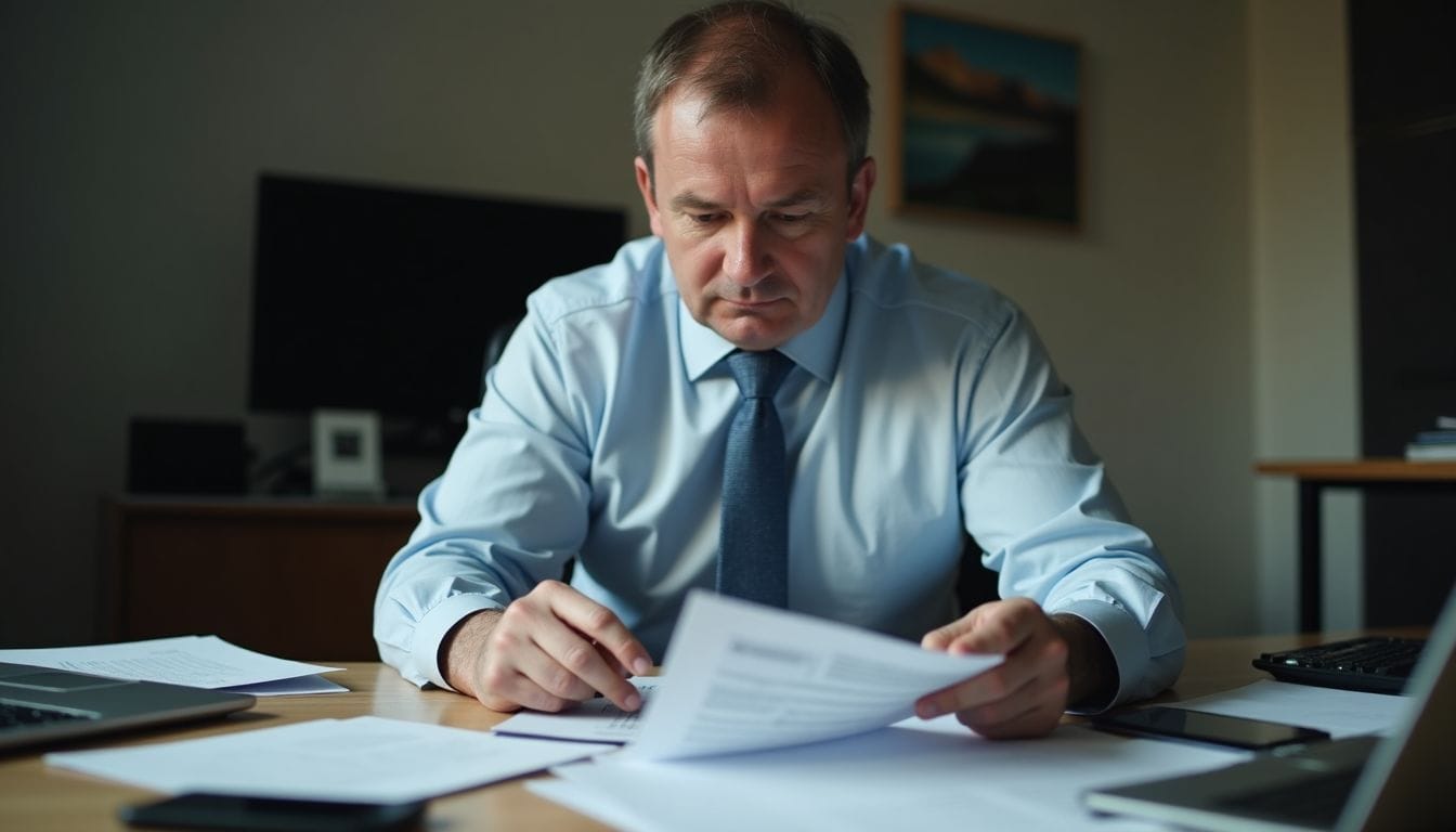 A middle-aged businessman is calculating tax benefits for his solar business.