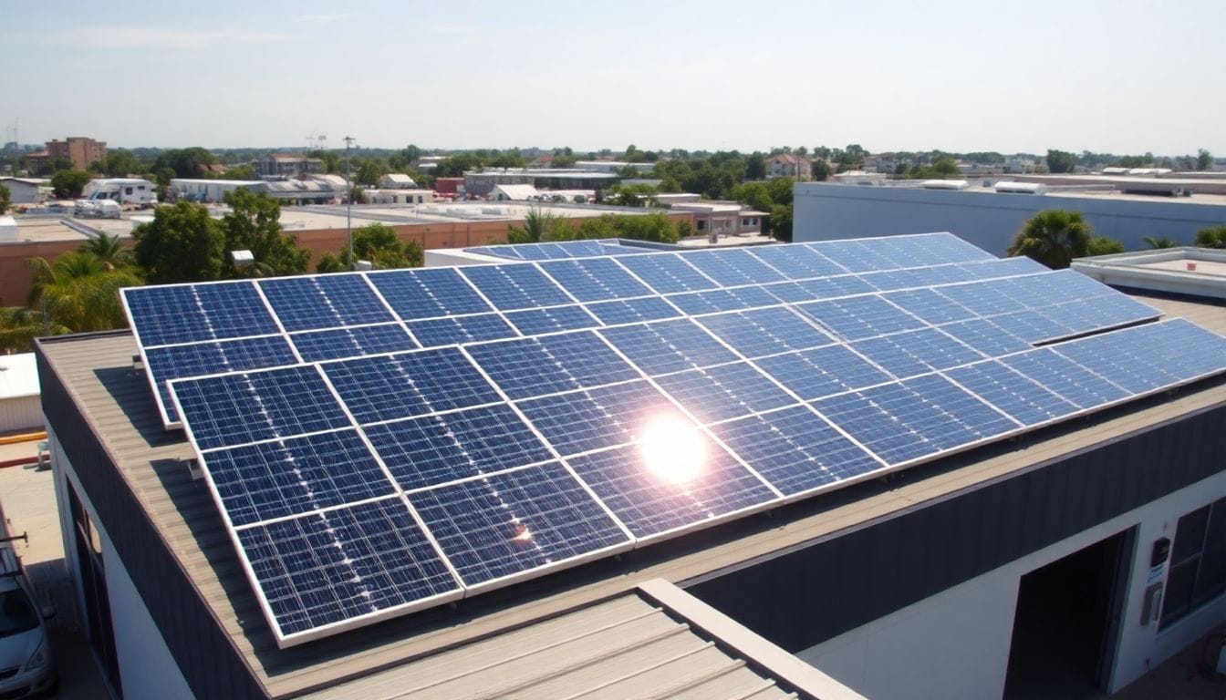 A large commercial solar panel installation on a business roof.