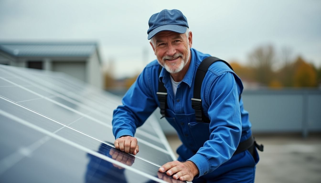 A middle-aged man installing solar panels on a warehouse rooftop.