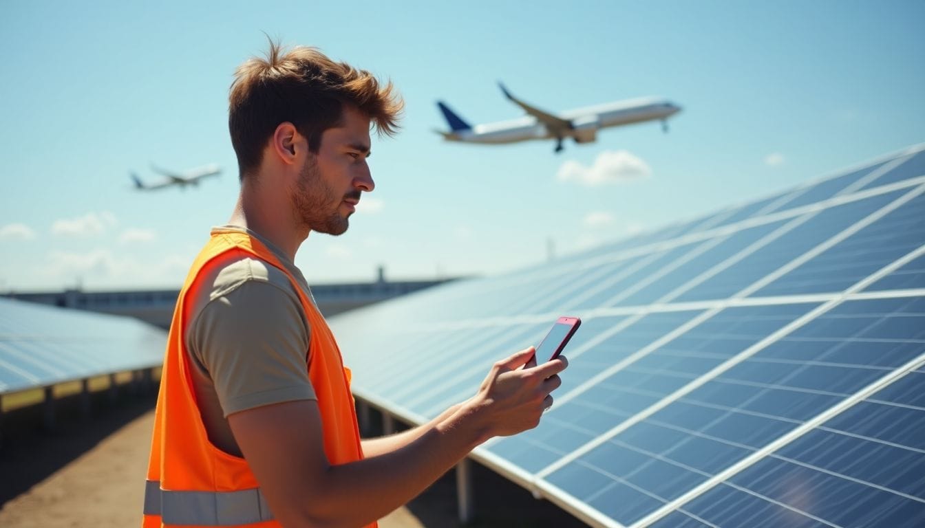 An airport worker examining solar panels at a solar-powered airport.