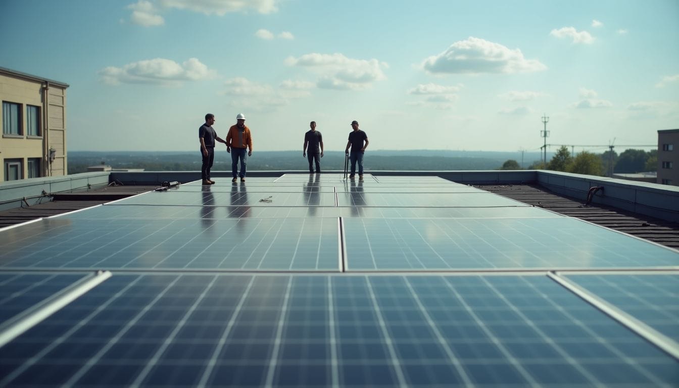 A large rooftop solar panel installation on a commercial building with workers.