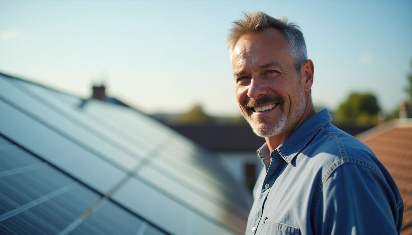 A man inspects a 60 kW solar system on a rooftop.