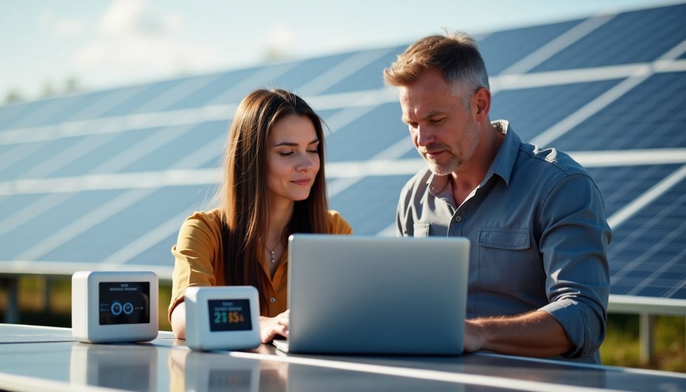 A couple in their 40s reviewing data from a solar panel system.