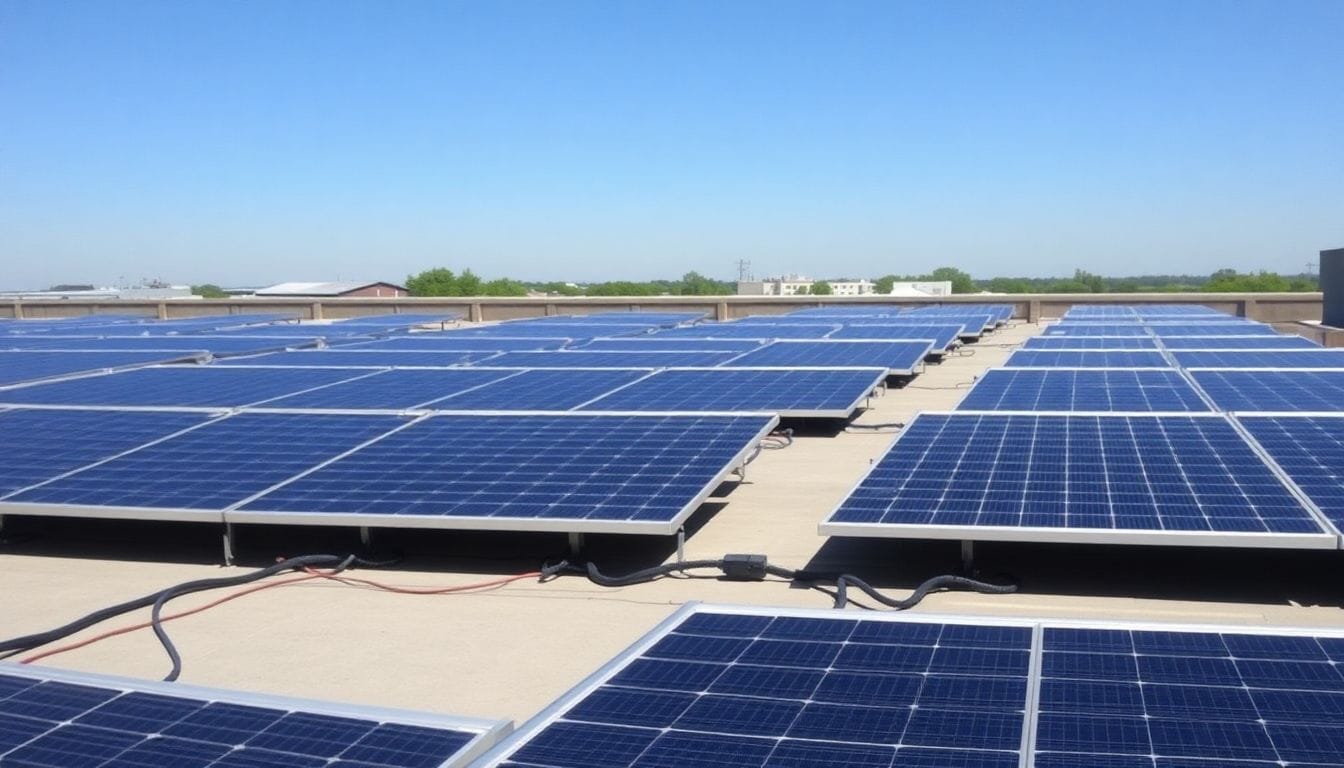 A rooftop with a 50 kW solar panel system under a clear blue sky.