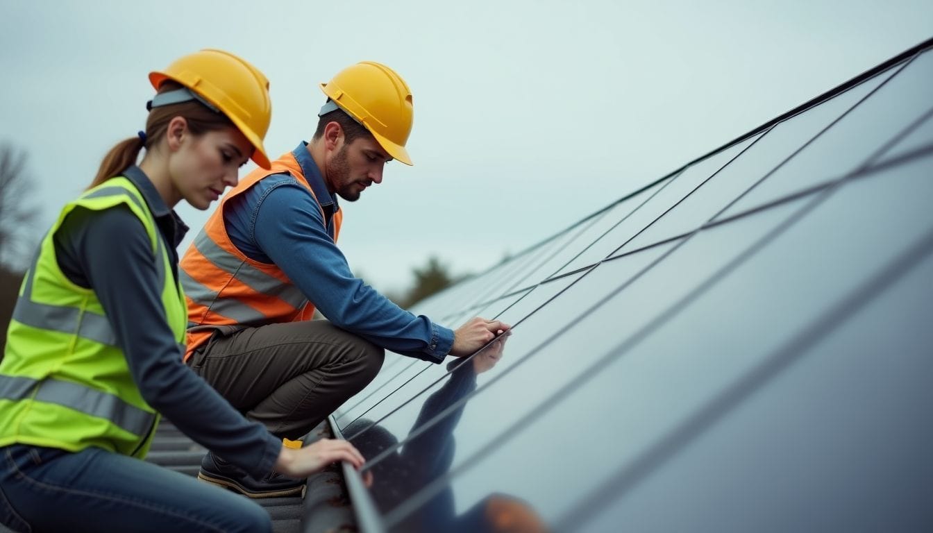 A man and woman installing a solar panel system on a rooftop.