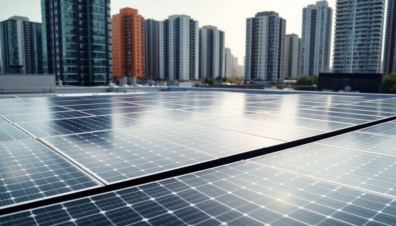 A rooftop with commercial solar panels in an urban environment.