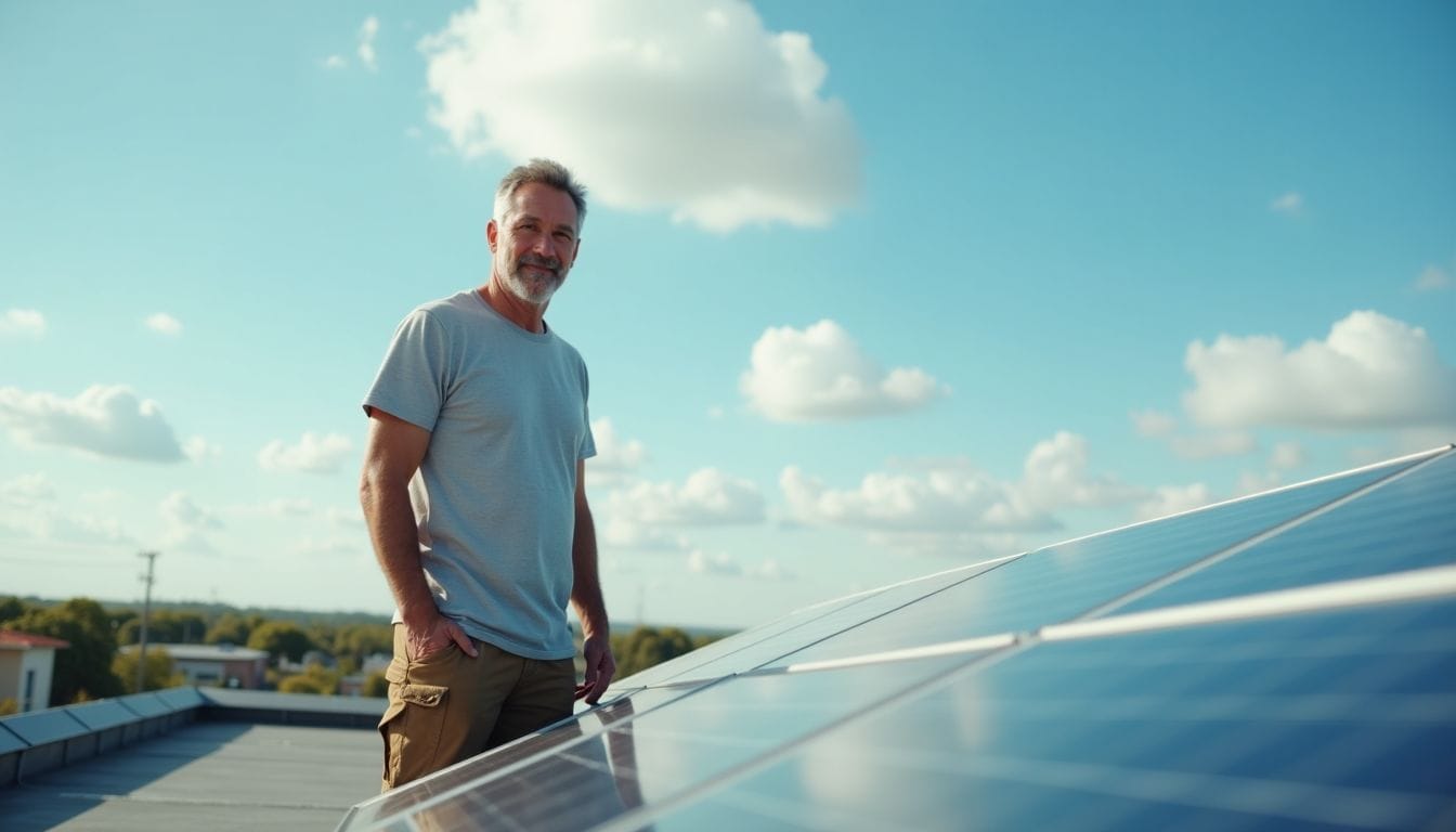 A middle-aged man installing solar panels on a rooftop under a sunny sky.