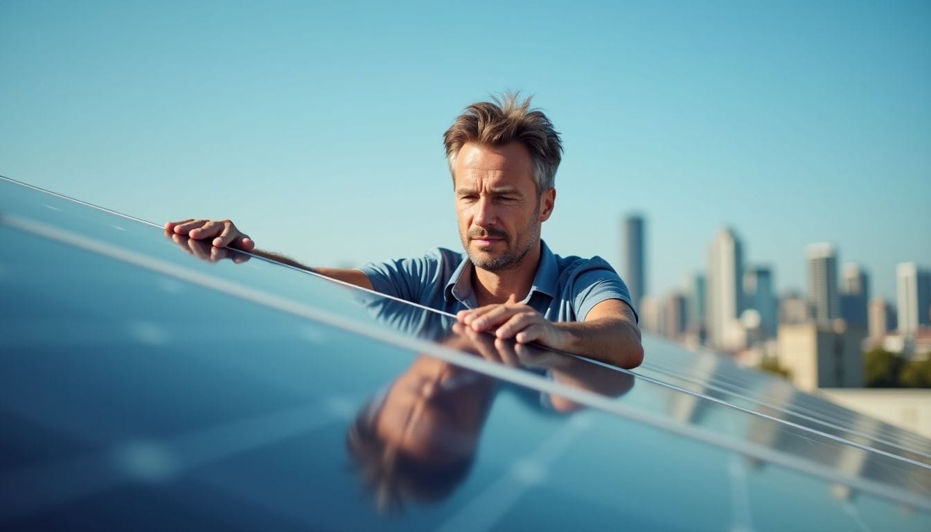 A man inspects commercial solar panels on a city rooftop.