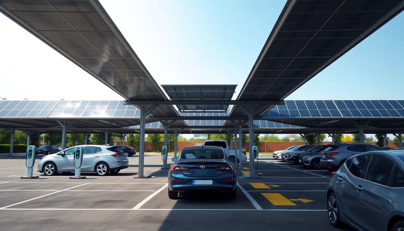 An open solar car park with large angled solar panels.