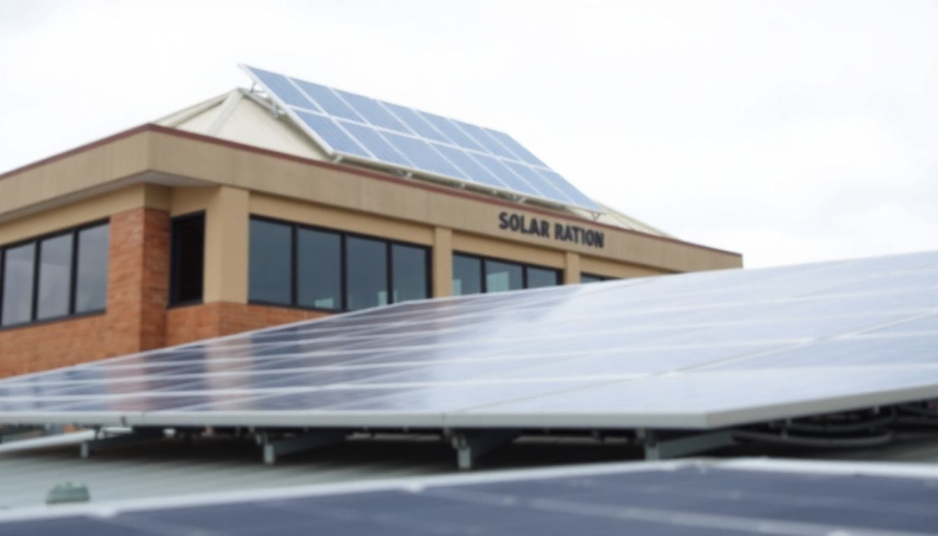 An office building with solar panels represents a Solar Power Purchase Agreement.