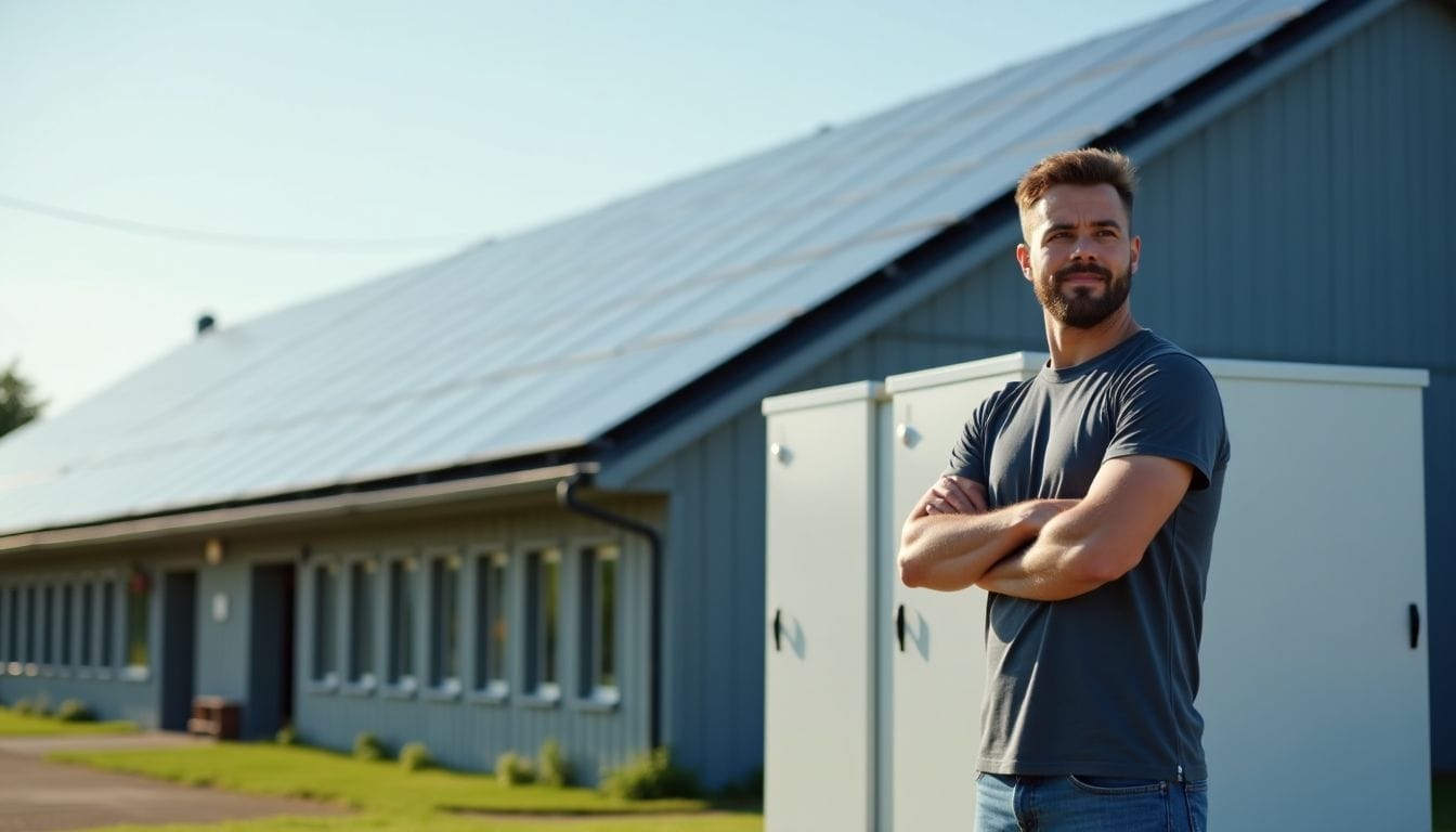 A business owner checks the solar panels and battery unit on a commercial building.