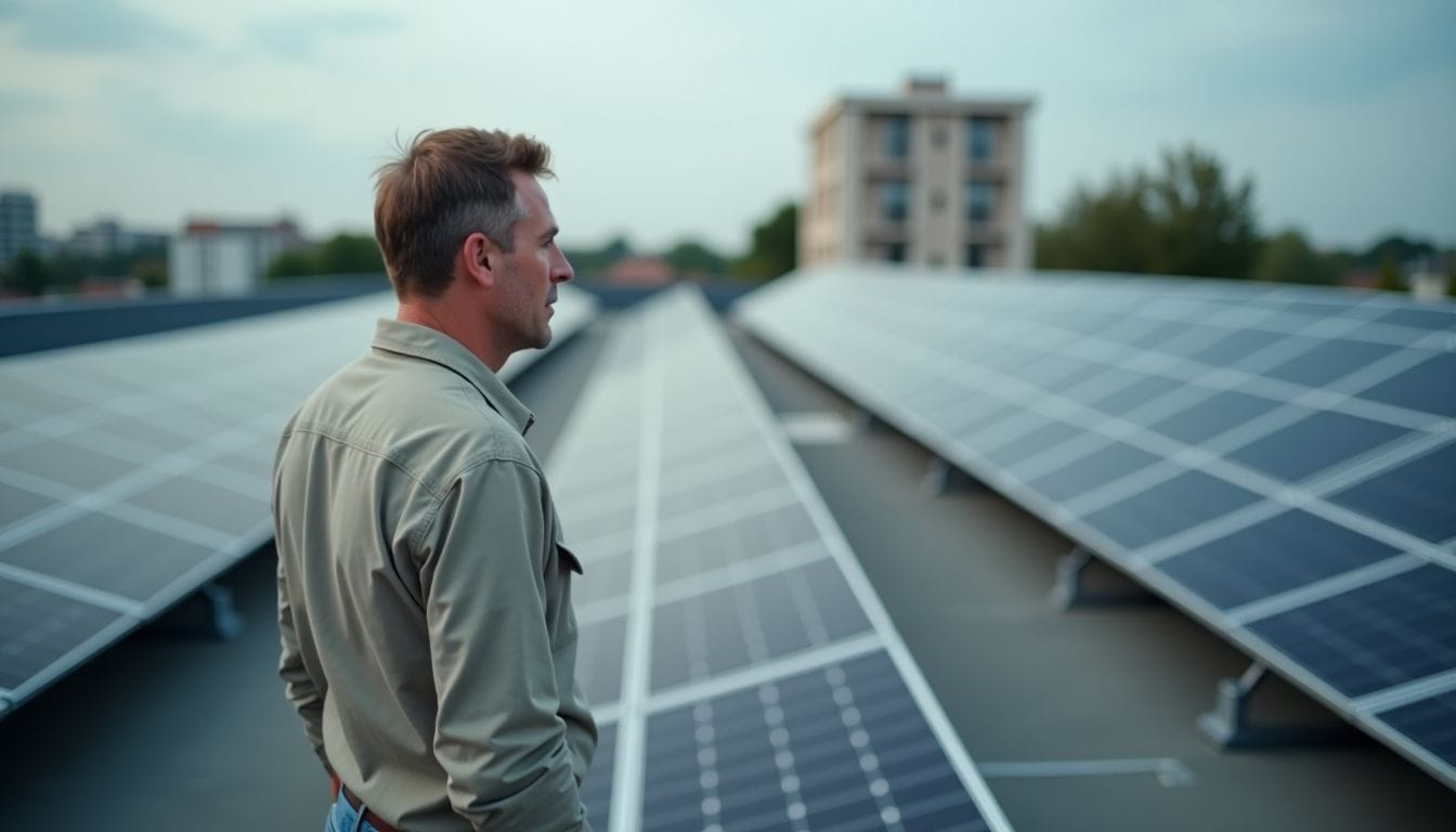 A man examining commercial solar panels on a rooftop.