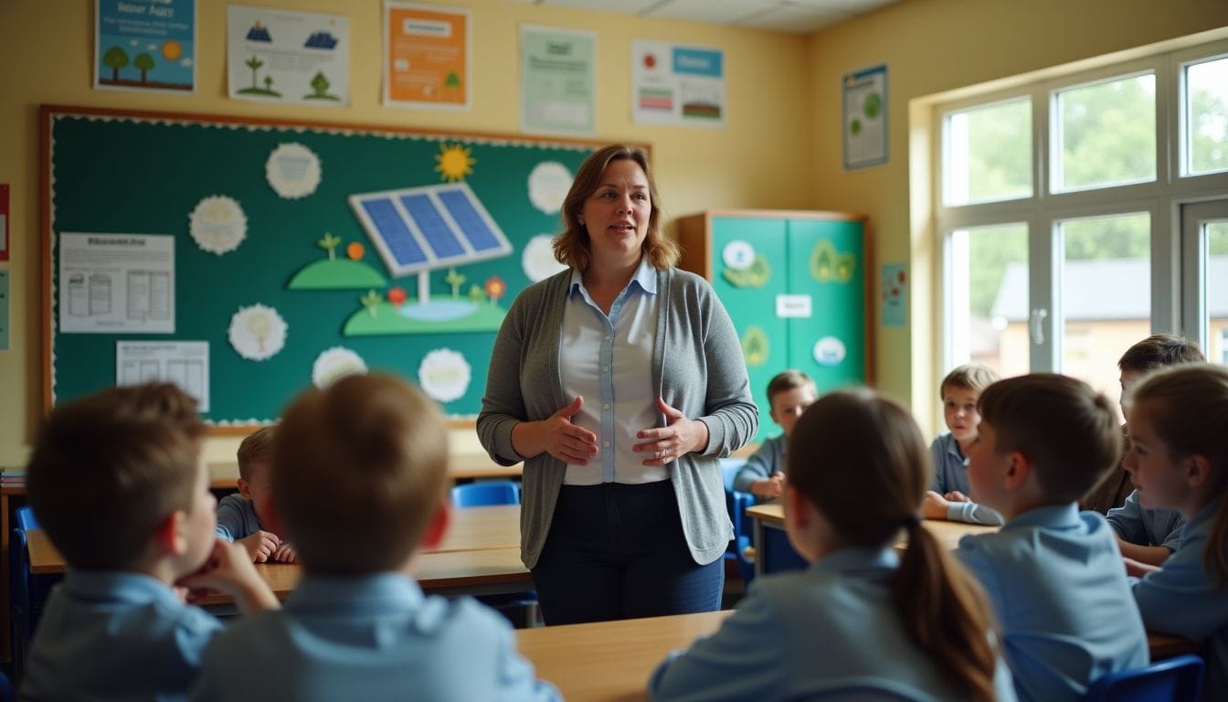 A teacher explains solar energy to students in a primary school.