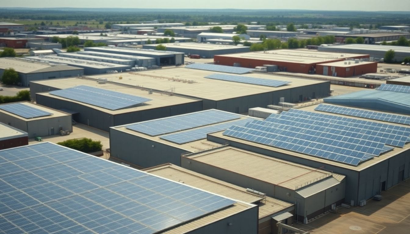 Solar panels on industrial rooftops for sustainable energy in warehouses and factories.