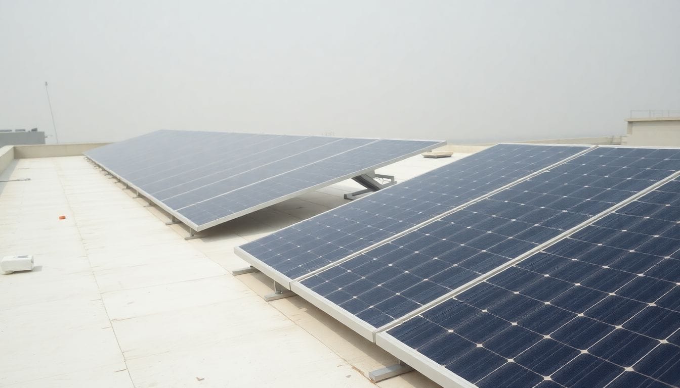 Commercial solar panels on a flat rooftop capturing sunlight for electricity.